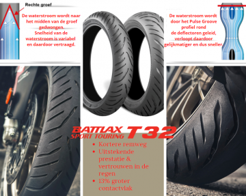 NIEUWE BRIDGESTONE T32 EN T32 GT BIJ ONS SNEL LEVERBAAR Met de nieuwe T32 heeft Bridgestone de lat in het belangrijke sport-touring segment hoger gelegd. En niet zo’n beetje ook, want de T32 is in alle opzichten verbeterd. Maar het zijn met name de pre